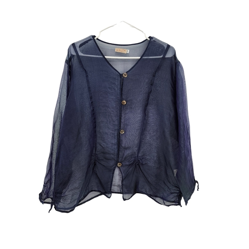 Bodil Vintage Women's 100% Silk Ruched Long Sleeves Button Front Sheer Top - M